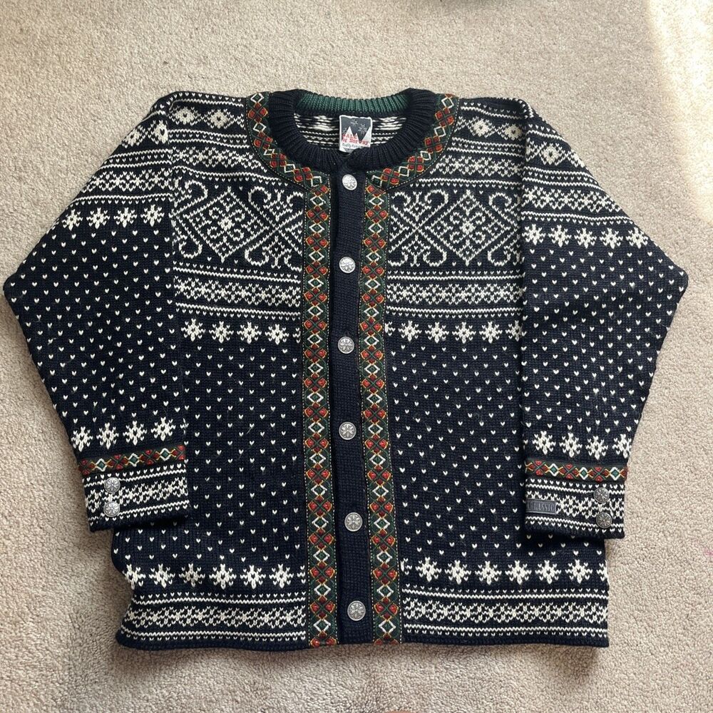 Dale of Norway Cardigan Sweater Women XS Wool Fair Isle Nordic Button Navy Heavy